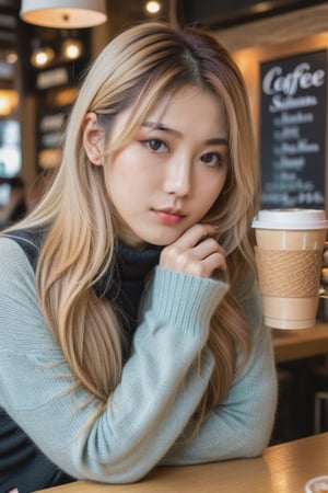 sexy cute young attractive japenese girl, brown eyes, gorgeous actress, 23 years old, cute, an Instagram model, long blonde_hair, colorful hair, winter , in a coffee shop, 