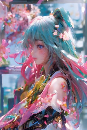 (1 female) (Solo) Sitting, playing electric guitar, cute green hair, long flowing hair, big breasts, cherry blossom kimono, profile, cute face, music notes surrounding her, Tokyo Shintani street background fantasy, imagination, harmonious melody