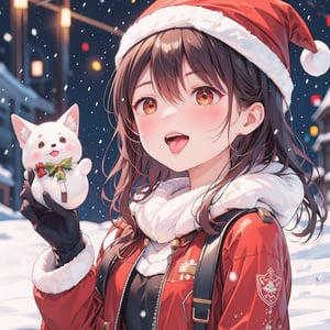 christmas, christmas, 1girl, animal, dog, hat, christmas, santa hat, red headdress, open mouth, brown eyes, brown hair, shy smile, fur trimmed headdress, red jacket, reindeer, looking Spectator, snowing, gloves, Shiba Inu, holding, casual suit, fur trim, snow, teeth, tongue, long sleeves. cozy background
,Mecha body