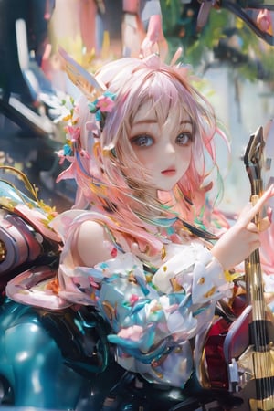 (masterpiece, best quality, highres:1.3), ultra resolution image, far view,(1girl), (solo), sitting ,play electric guitar ,kawaii, green flowing hair, long hair,huge breast:1.8,sakura kimono,lute,cute face, musical, surrounded by music notes, tokyo shinuya street background,(music filling the air:1.5), fantasy, harmony, melody, serene background:1.3),(magical, musical aura:1.3),  , 