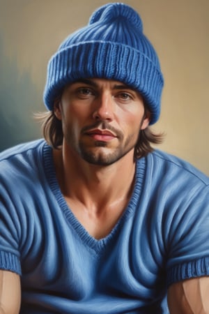 handsome man, casual shirt with wearing a blue knit hat, Hyperrealism Art,