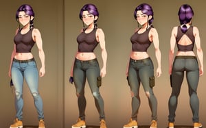 (masterpiece, best quality), 1girl, tan skin, (black hair, pigtails), flat chest, black tank, short jean, simple backgound


 character sheet, model sheet, turnaround, multiple views of the same character
,NahoKayama10