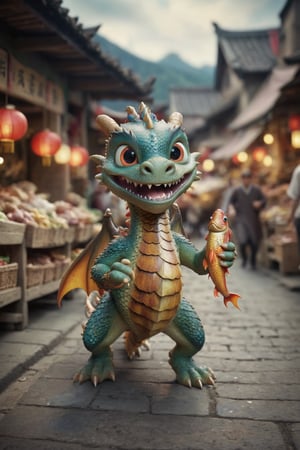 Cinematic still of a dragon holding fish with paws and runing away from merchant, funny face,  running away in a market. Shallow depth of field, vignette, highly detailed, high budget, bokeh, Cinemascope, moody, epic, gorgeous, film grain, grainy
,a cute dragon,more detail XL