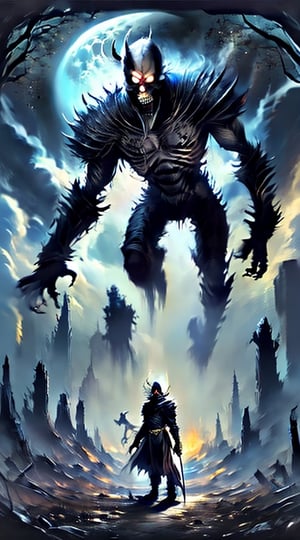 Create a giant devile humanoid walking on earth, scary looking hybrid, mutant, agressive, human enemy, apocalypse, with zombie and galaxy behind him.,horror