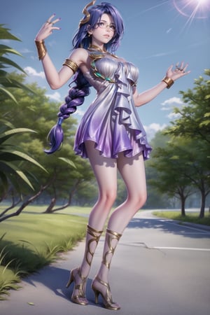 masterpiece,  best quality,  
tthl, 1girl, 30 years old, solo, long hair:1.2, large breasts, bangs, hair ornament, glasses, lasses semi-rimless eyewear:1.2,  under-rim eyewear:1.2, braided ponytail, dress, bare shoulders, jewelry, purple eyes, purple hair, alternate costume, nail polish, white dress,  bracelet, earrings,  short dress, purple dress, bracelet, armlet, ring,toenails, purple nails, high heels, strappy heels, stiletto heels, seductive smile, Beautiful Beach,