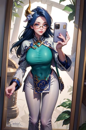 school background,masterpiece, best quality, highres,mlhg,1girl, 30 years old, solo, long hair, large breast, looking at viewer, smile, bangs, hair ornament, closed mouth, blue hair, hair tied at the ends, glasses, shiny, shiny hair, official alternate costume, parted bangs, portrait,  glasses, lips, semi-rimless eyewear, under-rim eyewear, yellow-framed eyewear, red lips,white pants, high heels, capelet, chinese clothes,hat,horn,nail polish,(seductive smile:1.4),girl,  
girl,,Beautiful Beach,seductive smile
,selfie,1girl, mirror, selfie, holding phone, ,mirror