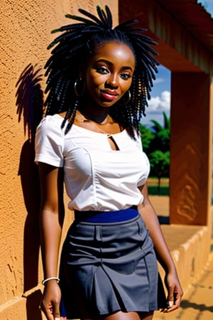 a pretty young African woman, softer hair, skirt and blouse