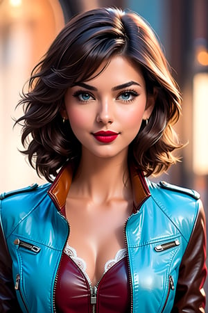 create a hyper realistic one third portrait Indian most attractive woman in her 30s, Georgia Fowler, flirty gaze, beautiful face, 36D, Trendsetter wolf cut brown hair messy hair light brown hair,  She is wearing a lite blue leather jacket,  trending on artstation, portrait, digital art, modern, sleek, highly detailed, formal, determined, CEO, colorized, smooth, charming, pretty, soft smile, dark red lipstick, soft lips,disney pixar style