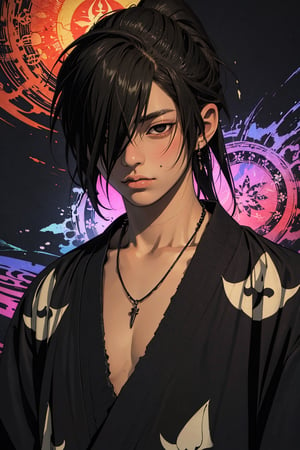 1boy, solo, Hyakkimaru, oil painting, impasto, looking at viewer, a handsome man, 17 years old, long black hair, black eyes, tribal necklace, urban psychedelic outfit, psychedelic  background, masterpiece, nijistyle, niji, ,sciamano240, soft shading, hyakkimaru_dororo