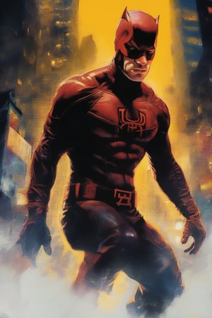 Daredevil, (yellow), Marvel Comics. extremely vibrant colours, normal skin Highly detailed, highly cinematic, close-up image of a deity of justice, perfect composition, psychedelic night colours, magical flowing mist, nightsky, city, lots of details,  metallic ink, beautifully lit, a fine art painting by drew struzan and karol bak, gothic art, dark and mysterious, ilya kuvshinov, russ mills, 
