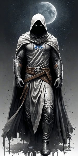 realistic sketch, Moon Knight, hood, cape, (((splashes of midnight colors,))), midnight colors,