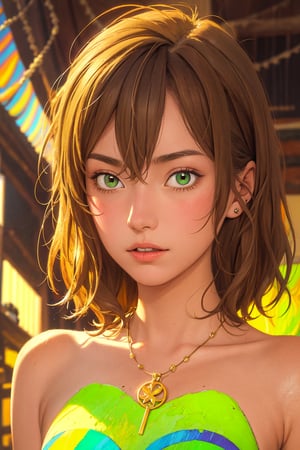 1girl, solo, Muge, oil painting, impasto, looking at viewer, a young woman, 18 years old, light_brown hair, long shoulder-length haircut, green eyes, tribal necklace, urban psychedelic outfit, psychedelic  background, masterpiece, nijistyle, niji, ,sciamano240, soft shading, muge