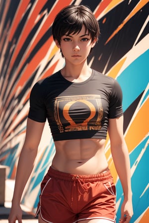 1boy, solo, Sanae Sawamura, oil painting, impasto, looking at viewer, a tomboy woman, 19 years old, very short spiky black hair, (shaved on the sides haircut), grey eyes, urban psychedelic outfit, tomboy focus, athletic body, marked muscles,  ripped abs, black_t-shirt, red_baggy_shorts, psychedelic  background, masterpiece, nijistyle, niji, ,sciamano240, soft shading, Sanae Sawamura,1girl,1 girl