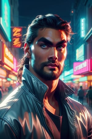 Jason Momoa wearing the silver "Driver" jacket, black sweater, dark blue jeans, action scene, combat against the enemy, in the background a night city with neon lights, interactive elements, very detailed, ((Detailed face)), ((Detailed Half body)), persona sks, silver jacket, Color Booster