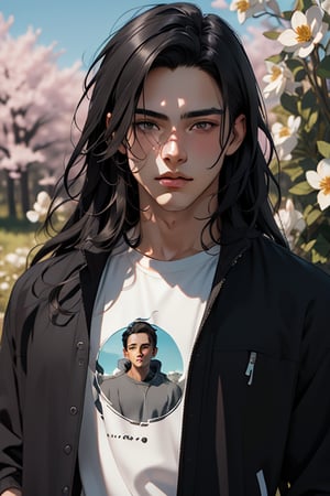 Full length image. An incredibly handsome teenager boy with long black hair, 16 years old, grey eyes, slim body (slim build). He is wears a long black jacket with orange and white prints, wears a baggy gray t-shirt, wears a black baggy joggers. blue sky, spring forest, flowers, park. Masterpiece, detailed study of the face, beautiful face, beautiful facial features, perfect image, realistic shots, detailed study of faces, full length image, 8k, detailed image. An extremely detailed illustration, a true masterpiece of the highest quality, with careful drawing., full length image, sv1,1boy, Takeru Kishi