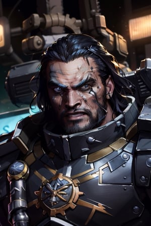 Jason Momoa as Ferrus Manus, action scene, combat against the enemy, in the background a night city with neon lights, interactive elements, highly detailed, ((Detailed face)), ((Detailed half body) ), sks characters, silver jacket, Color Booster