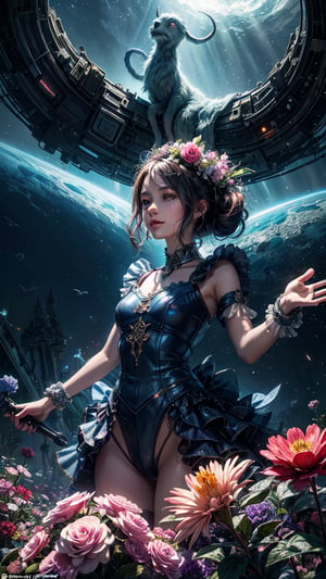 A curious young woman with a bouquet of vibrant flowers stands amidst a fantastical landscape inspired by Wonderland's whimsy. In the background, a glowing alien cityscape stretches towards the sky, illuminated by an ethereal blue light. The young woman's bright smile and outstretched arms seem to welcome the extraterrestrial visitors, as if showcasing her own little patch of wonder in this surreal science fiction world.