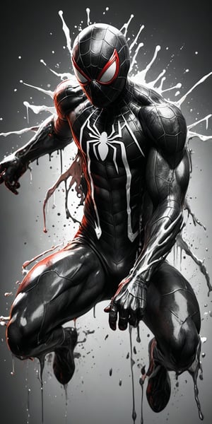 realistic sketch, Black and White. Black Spider-Man, (((splashes of sinisters 
 colors))), sinisters colors.