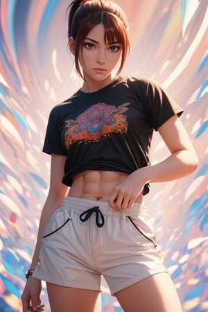 1boy, solo, Mei Ganeko, oil painting, impasto, looking at viewer, a tomboy woman, 19 years old, long red_brown hair, ponytail haircut,  hazel eyes, urban psychedelic outfit, tomboy focus, athletic body, ripped abs, orange_t-shirt, white_baggy_shorts, psychedelic  background, masterpiece, nijistyle, niji, ,sciamano240, soft shading, 1girl,1 girl,Mai Ganeko