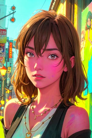 1girl, solo, Muge, oil painting, impasto, looking at viewer, a young woman, 18 years old, light_brown hair, long shoulder-length haircut, grey eyes, tribal necklace, urban psychedelic outfit, psychedelic  background, masterpiece, nijistyle, niji, ,sciamano240, soft shading, muge
