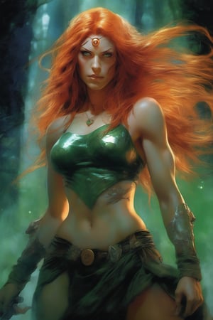 Artemis of Bana-Mighdall, (long red_orange hair), (green eyes),  (female_muscular), (defined_muscles), Amazon Warrior of Bana-Mighdall, DC Comics, extremely supernatural colours,  Highly detailed, highly cinematic, close-up image of a deity of Vengance, perfect composition, psychedelic colours, magical flowing mist, forest nature, lots of details, nightsky, stars, moon, metallic ink, beautifully lit, a fine art painting by drew struzan and karol bak, gothic art, dark and mysterious, ilya kuvshinov, russ mills, 
