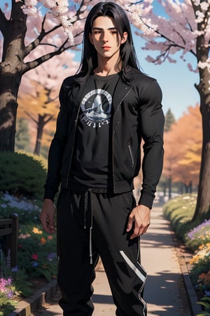 Full length image. An incredibly handsome teenager boy with long black hair, 16 years old, grey eyes, slim body (slim build). He is wears a long black jacket with orange and white prints, wears a baggy gray t-shirt, wears a black baggy joggers. blue sky, spring forest, flowers, park. Masterpiece, detailed study of the face, beautiful face, beautiful facial features, perfect image, realistic shots, detailed study of faces, full length image, 8k, detailed image. An extremely detailed illustration, a true masterpiece of the highest quality, with careful drawing., full length image, sv1,1boy, Takeru Kishi