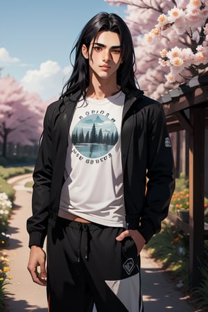 Full length image. An incredibly handsome teenager boy with long black hair, 16 years old, grey eyes, slim body (slim build). He is wears a long black jacket with orange and white prints, wears a baggy gray t-shirt, wears a black baggy joggers. blue sky, spring forest, flowers, park. Masterpiece, detailed study of the face, beautiful face, beautiful facial features, perfect image, realistic shots, detailed study of faces, full length image, 8k, detailed image. An extremely detailed illustration, a true masterpiece of the highest quality, with careful drawing., full length image, sv1,1boy, Takeru Kishi