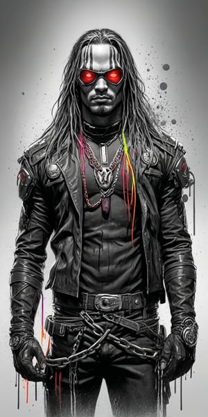 Black and white sketch, realistic, Deadshot, long flowing hair, chains, (((splashes of neon colors))), neon colors