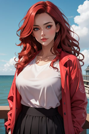 Full length image. An incredibly beautiful femme fatale with long red hair, 36 years old, blue eyes, curve body. she is wearing a long magenta jacket, white t-shirt, black skirt, her hair is beautifully styled. blue sky, sea ​​winds, pier. Masterpiece, detailed study of the face, beautiful face, beautiful facial features, perfect image, realistic shots, detailed study of faces, full length image, 8k, detailed image. An extremely detailed illustration, a true masterpiece of the highest quality, with careful drawing., full length image, sv1,1girl, Kanako Kishi