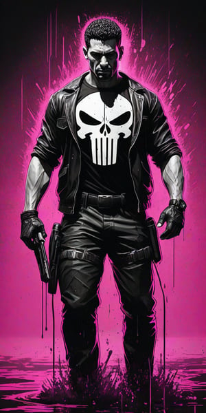 realistic sketch, Black and White. The Punisher, (((splashes of synthwave 
 colors))), synthwave colors.
