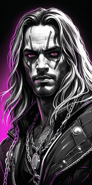 synthwave colors, Black and white sketch, realistic, Deadshot, long flowing hair, chains, 