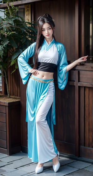 A girl in a seductive pose, young and beautiful spirit, navel, black hair, Hanfu clothing, full body, full body display