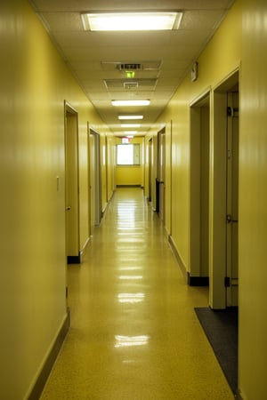 hallway, yellow walllpaper, fluorescent lights, level 0, creepy