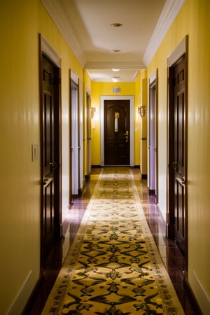 cinematic photo of hotel hallway, yellow wallpaper