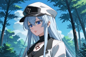 (score_9,score_8_up,score_7_up), 1girl, solo, mature female, aldult, Esdeath, upper body, standing, outdoors, sky, trees, oshi_no_ko_style