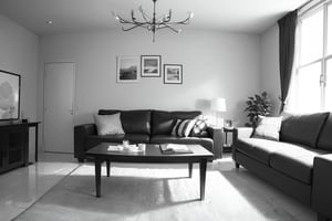 (masterpiece), best quality, living room, medium shot, monochrome