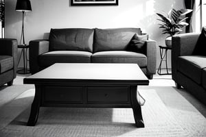 (masterpiece), best quality, living room, medium shot, BlackworkStyleManityro, monochrome, greyscale