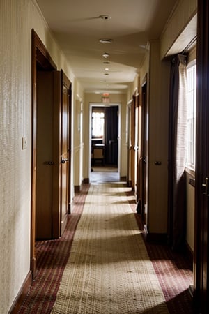 cinematic photo of hotel hallway, yellow wallpaper, Extremely Realistic