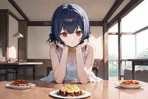 (score_9,score_8_up,score_7_up), Anime, 1girl, morino rinze, dark blue hair, single hair bun, red eyes, white dress, sundress,sitting,across table,across table pov,date,date pov,food on table