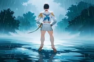 (score_9,score_8_up,score_7_up), 1girl, short hair, single hair bun, black choker, white serafuku, white sailor collar, blue neckerchief, epaulettes, white shirt, long sleeves, pleated skirt, white skirt, bare legs, standing, sword, outside, ground, raining, wet, raindrop