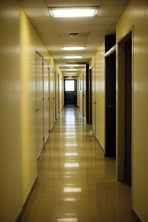 cinematic photo of the hallway, yellow walllpaper, fluorescent light, creepy