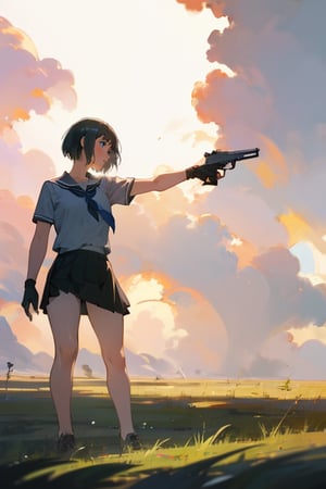 masterpiece, best quality, highres, 1girl. short hair, school shirt, short sleeve, skirt, pistol, holding, standing, outdoor, nature, grass