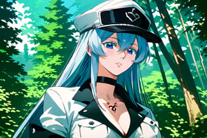 (score_9,score_8_up,score_7_up), 1girl, solo, mature female, aldult, Esdeath, upper body, standing, outdoors, nature, trees, oshi_no_ko_style