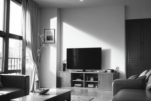 (masterpiece), best quality, living room, medium shot, fujimotostyle, Monochromatic