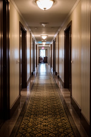 cinematic photo of hotel hallway, [creepy: 7]