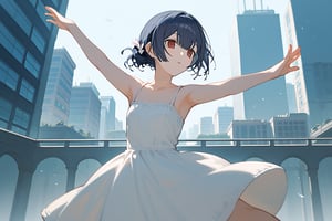 (score_9,score_8_up,score_7_up), anime, 1girl, morino rinze, dark blue hair, single hair bun, red eyes, white dress, sundress, dancing, dynamic pose, outside, city, building, from below