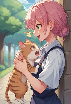 score_9,score_8_up,score_7_up,source_anime,1girl,side view,+ +,holding cat,outdoors,surprised,open mouth,happy,