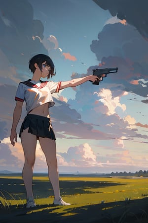 (masterpiece, best quality), highres, 1girl. short hair, school shirt, short sleeve, skirt, pistol, holding, standing, outdoor, nature