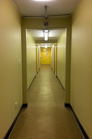 photo of the hallway AND basement, yellow walllpaper, fluorescent light, creepy