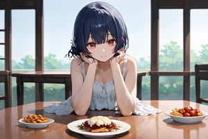 (score_9,score_8_up,score_7_up), 1girl, morino rinze, dark blue hair, single hair bun, red eyes, white dress, sundress,sitting,across table,across table pov,date,date pov,food on table